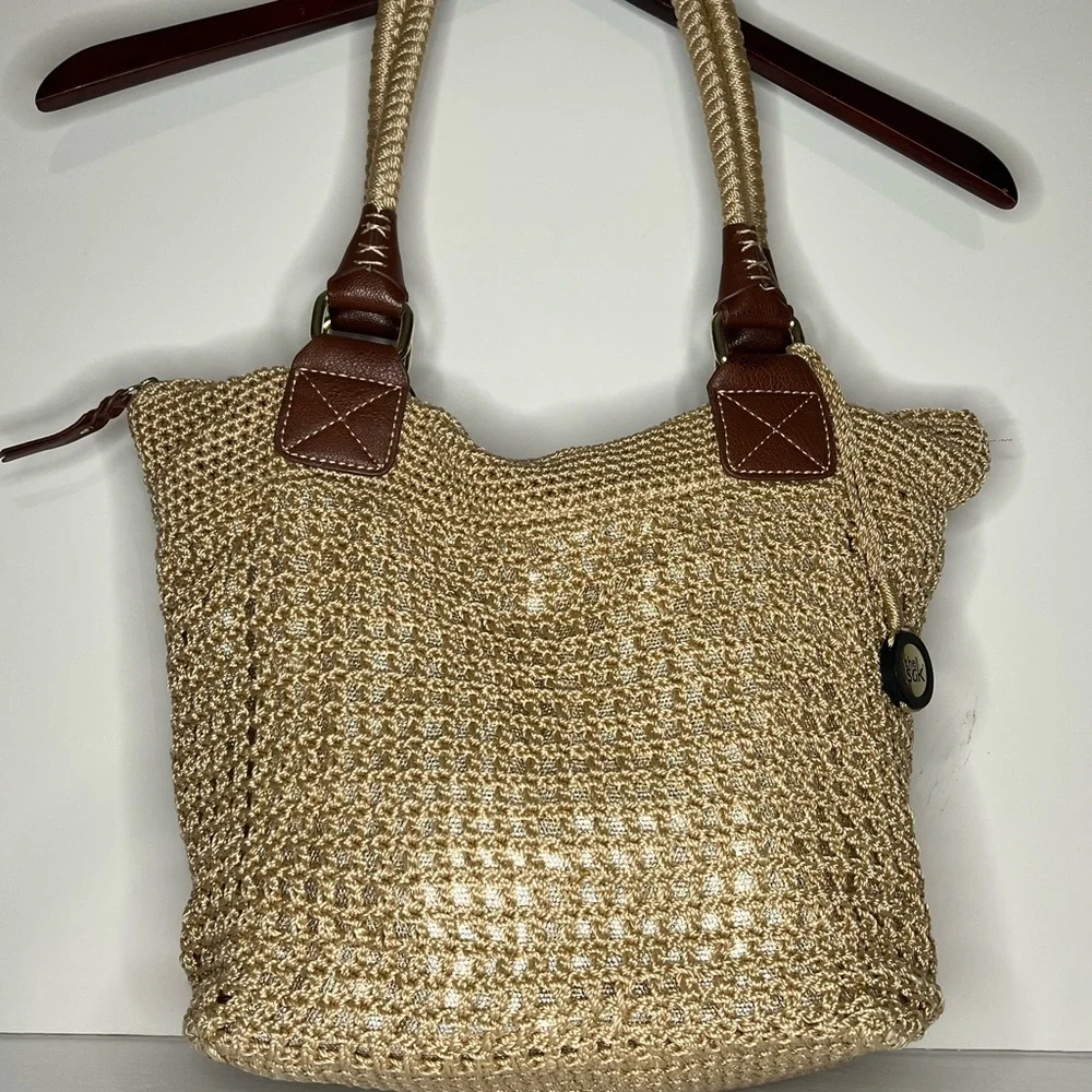 Vintage The Sak Macrame Gold Undertone Large Hobo Bag Shoulder Purse & Fob